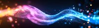 Magical glowing wave with sparkling particles flowing from warm orange to cool blue colors against dark background, creating ethereal light effect.