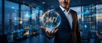 Professional businessman presenting 24/7 service concept with glowing holographic display in modern office environment for customer support solutions.