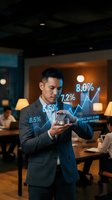 Businessman in formal suit holding miniature house with holographic financial charts showing rising interest rates and market growth in modern office environment.
