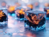 Glowing orange coral fragments frozen in crystal clear ice cubes against blue background with bokeh lights, creating magical winter atmosphere for creative design.