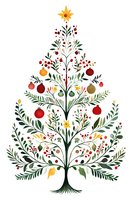 Stylized Christmas tree with botanical elements, ornaments and star topper on white background. Decorative floral design features red berries, leaves and baubles.