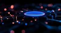Glowing blue circular platform with neon lights against dark background, surrounded by blurred bokeh lights in orange and blue creating futuristic atmosphere.