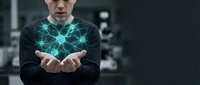 Businessman holding glowing network connections in cupped hands representing digital transformation and connectivity solutions for modern business technology.