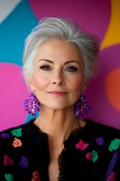 Elegant mature woman with silver pixie hair wearing colorful floral dress and purple statement earrings against vibrant multicolored background. Portrait showcases natural aging beauty.