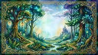 Enchanted forest landscape with magical glowing trees, lanterns and distant castle in ornate fantasy frame for fairy tale themed designs.
