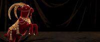 Luxurious red velvet armchair with golden ornate details and tassels against dramatic black curtain backdrop for elegant interior design concepts.