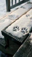 Animal paw prints pressed into fresh snow on wooden deck surface during winter season. Wildlife tracking and nature observation concept.