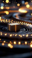 Glowing gift box floating on dark rippled surface with magical bokeh lights and golden illumination creating mystical atmosphere for holiday designs.