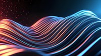 Glowing wavy lines in neon blue and orange colors flow smoothly against dark background creating dynamic motion effect with light trails and sparkles.