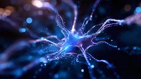 Glowing blue neuron cell with synaptic connections on dark background, illuminated dendrites and axons creating intricate network patterns for medical and scientific visualization.