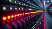 Network server rack with glowing LED status indicators in red and green colors showing active data transmission and connectivity in modern datacenter environment.