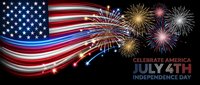 American flag waves with colorful fireworks celebrating July 4th Independence Day patriotic holiday banner design for promotional materials and social media.