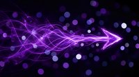 Purple energy arrow with flowing light trails and bokeh effects on dark background for digital design projects.