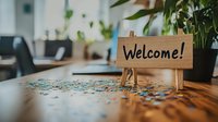 Welcome sign on wooden stand with scattered confetti on desk in modern office with plants and blurred workspace background, suitable for business hospitality and greeting concepts.
