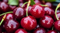 Fresh ripe cherries with water drops and green stems in macro shot, showing natural texture and glossy surface for food photography and packaging design.