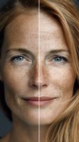 Close-up portrait showing skin aging comparison with before and after effect, featuring natural freckles and blue eyes against dark background.