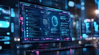 Computer screen displaying futuristic programming interface with glowing blue circular element against dark background with bokeh lights.
