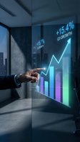 Businessman pointing at holographic financial growth chart showing upward trend with glowing data visualization in modern office environment.