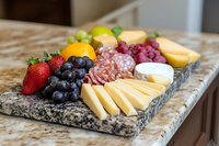 Gourmet charcuterie board with fresh fruits, cured meats, and assorted cheeses arranged on granite serving platter. Elegant appetizer presentation for entertaining.