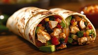 Fresh grilled chicken wrap with colorful vegetables, cucumber slices and bell peppers rolled in tortilla flatbread on wooden surface in warm lighting.