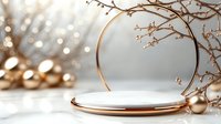 Elegant white podium with gold rim surrounded by decorative branches and golden ornaments on soft bokeh background for luxury product display.