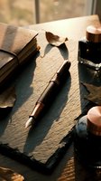 Fountain pen with ink bottle and open journal on textured paper surface, sunlit writing desk setup for creative writing, correspondence, and calligraphy projects.
