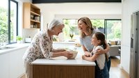 Multigenerational family bonding in modern kitchen with grandmother, mother, and young daughter interacting at counter during daytime.