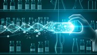 Scientist hand holding glowing DNA helix with digital data streams in modern laboratory for genetic research and biotechnology innovation.