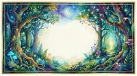 Enchanted forest frame with glowing fairy lights, crescent moon, and lush greenery forming a magical arch around a blank center space.