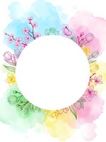 Watercolor spring floral frame with cherry blossoms, tulips and daffodils on pastel background. Round border for greeting cards, invitations and seasonal designs.
