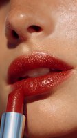 Close-up of glossy red lipstick application on full lips with smooth skin texture visible, showcasing makeup artistry for beauty and cosmetic advertising.