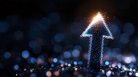 Glowing blue arrow pointing upward with sparkle effects and bokeh lights on dark background, symbolizing growth, success and forward momentum in business concept.