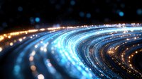 Glowing curved light trails with blue and gold particles creating dynamic motion effect against dark background, abstract technology concept.