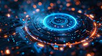 Futuristic glowing blue and orange circular technology interface with digital elements on dark background. Abstract tech concept.