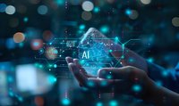 Futuristic hands holding glowing AI hologram with network connections and digital elements on dark background with blue bokeh lights for artificial intelligence concept.