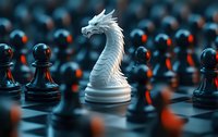 White knight chess piece stylized as majestic dragon surrounded by black pawns on chessboard with dramatic lighting and orange accents. Strategic game concept.