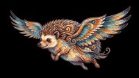 Winged hedgehog creature with ornate feathers and decorative patterns, isolated on transparent background, ready for t-shirt design, clipart, stickers, sublimation and print-on-demand projects.