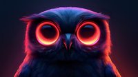 Mystical owl with glowing neon red eyes against dark background, featuring vibrant blue and pink illumination creating dramatic nocturnal atmosphere.