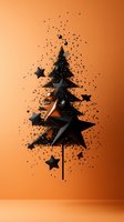 Black star Christmas tree with glitter particles dispersing on warm orange gradient background. Modern holiday decoration concept for seasonal greeting cards and festive designs.