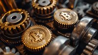 Mechanical gears and cogwheels with cryptocurrency bitcoin symbols engraved, representing blockchain technology and digital finance mechanisms in motion.