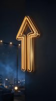 Glowing neon arrow pointing upward in golden yellow light against dark urban night background with bokeh city lights for business growth concepts.