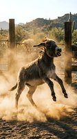 Dark goat jumping and kicking in dusty corral with wooden fence, desert landscape with cacti and mountains in background, ranch setting.