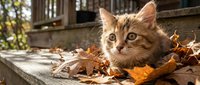 Tabby kitten playing with autumn leaves on wooden deck, surrounded by fall foliage and natural sunlight for seasonal pet and lifestyle content.