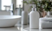 White minimalist soap dispenser on bathroom counter with soft towels and ceramic sink in background, creating clean spa-like atmosphere for wellness content.