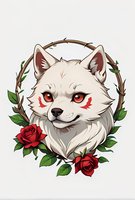 White wolf portrait with red roses and twig wreath frame on isolated background. Stylized anime-inspired character design with distinctive red markings and glowing eyes.