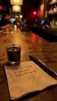 Handwritten apology note on a bar napkin beside a candle and pen, warm moody atmosphere, emotional regret concept.