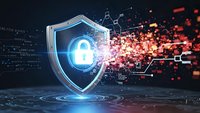 Digital security shield with glowing padlock protecting against cyber threats and data breaches in futuristic network environment.