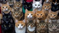 Group of diverse cats with different fur colors and patterns looking directly at camera, featuring tabby, black, white, and ginger cats with expressive eyes and varied facial features.