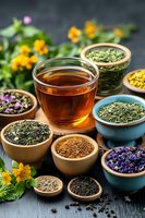 Glass cup of herbal tea surrounded by wooden and ceramic bowls filled with various dried herbs, flowers and loose tea leaves on dark background with fresh flowers.