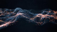Glowing orange and blue wave particles flowing on dark background, abstract digital network visualization with light effects and motion blur.